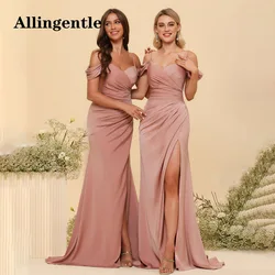 Allingentle Off Shoulder Evening Dress 2024 Spaghetti-straps V-Neck Mermaid Party Gowns Pleated Satin Side Slit Bridesmaid Dress