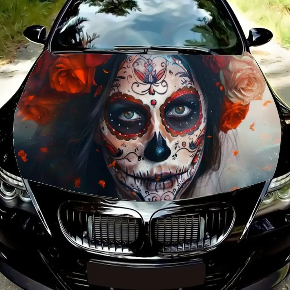 

Mysterious Sugar Skull Flower Girl Car Hood Wrap Color Vinyl Sticker Truck Graphic Bonnet Auto Accessories Decoration Decal Gift