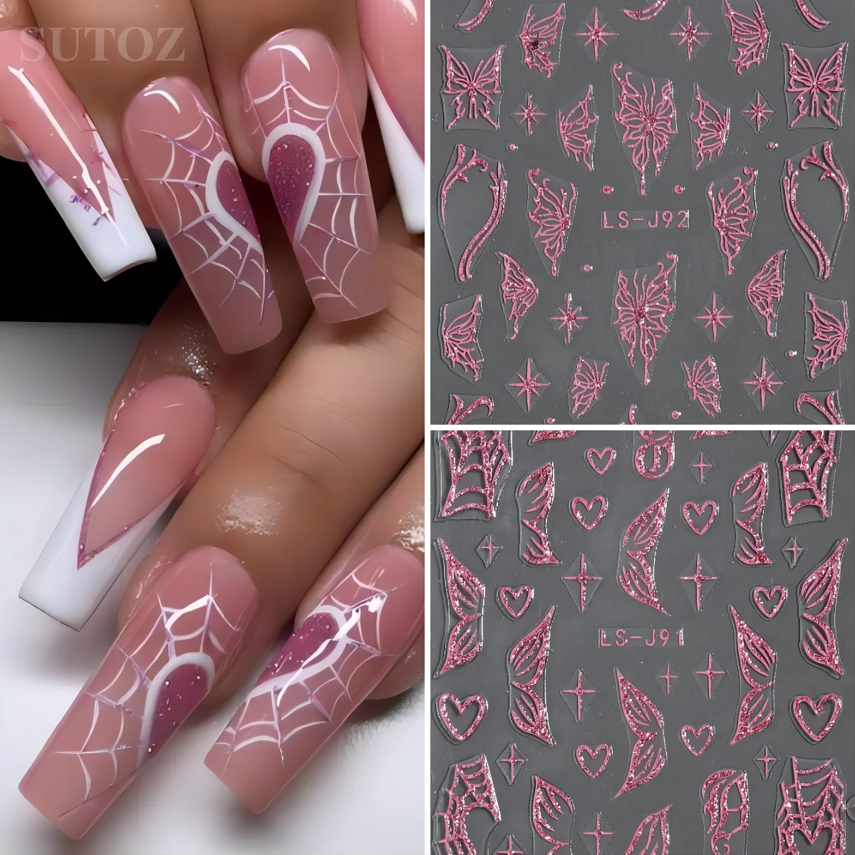 Rosa Glitzer Nail Art Aufkleber schimmern Herz Spinnennetz y2k Nagel Aufkleber 3d Schmetterling selbst klebende Abziehbilder DIY Nagel liefert LS-J91