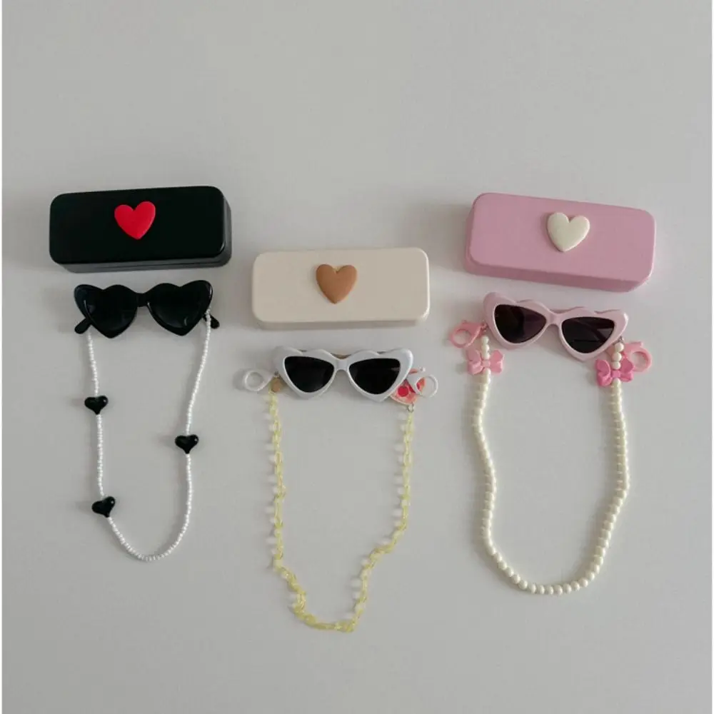 3Pcs/Set Kids Love Shape Glasses with Eyeglass Chain Glasses Box Kawaii Cat Eye Sunglasses Children Eyewear Sunscreen Eyeglasses