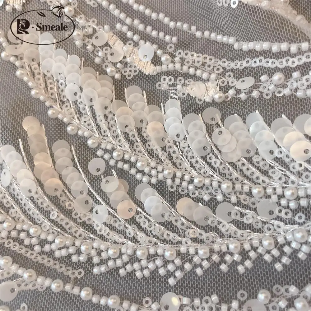 Weißes Fischschwanz-Kleidungs stück, Feder flügel, Perlen Porzellan, DIY Hochzeits kleid Stickerei, Spitzen zubehör, 130x30cm – Detail 4
