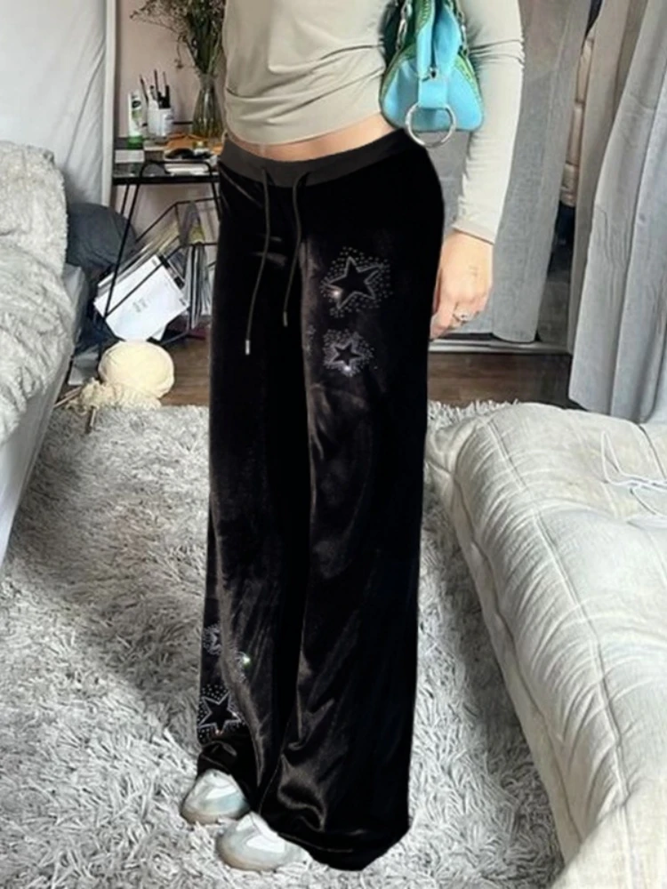 Hot Drilling Star Flare Pants Women Y2k Clothes Low Rise Trousers Black Pantalones De Mujer Lace-up Roupas Femininas Streetwear