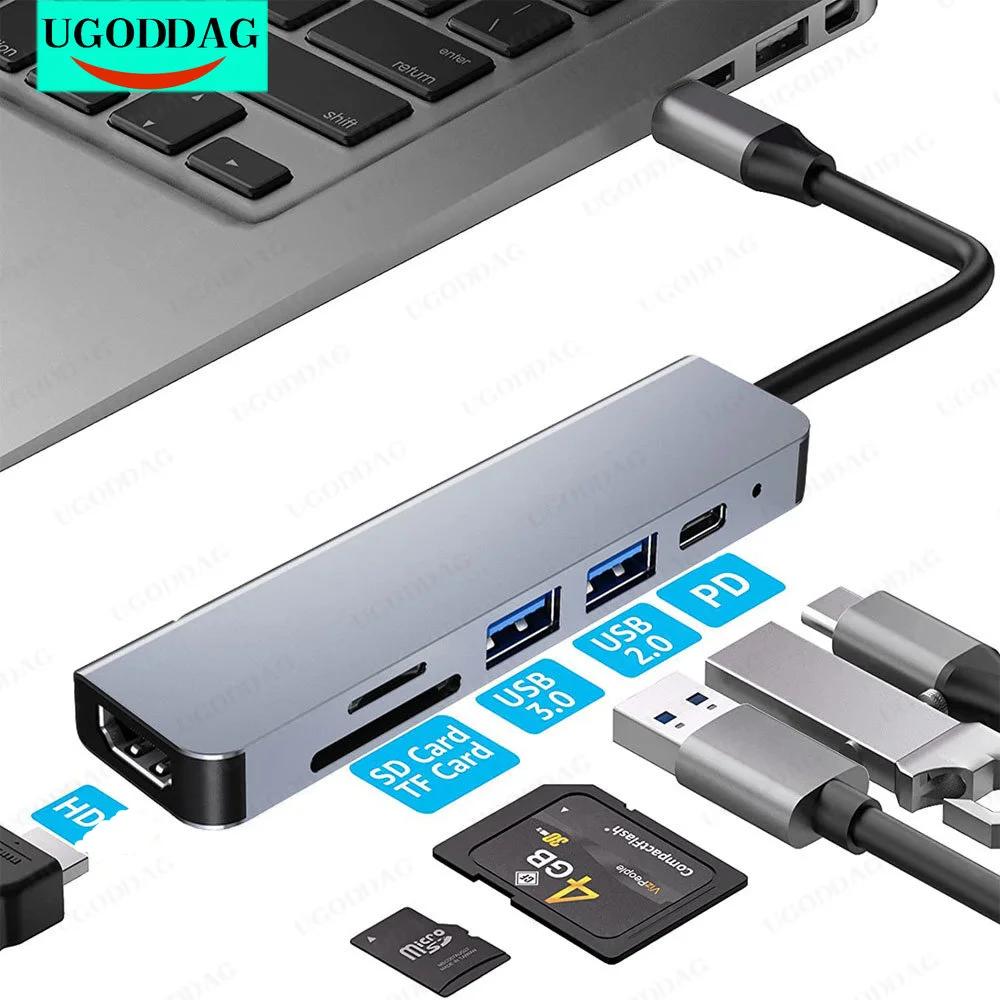 

USB C Type C Hub Adapter Portable 4K HDMI-Compatible PD Power USB3.0 Port SD Micro SD Card Reader Compatible for Chromebook