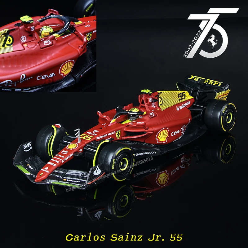 Bburago 1:43 2022 F1 Ferrari F1-75 75th anniversary 16#Leclerc 55#Sainz Formula One Car Model With Helmet Acrylic Box Alloy Car