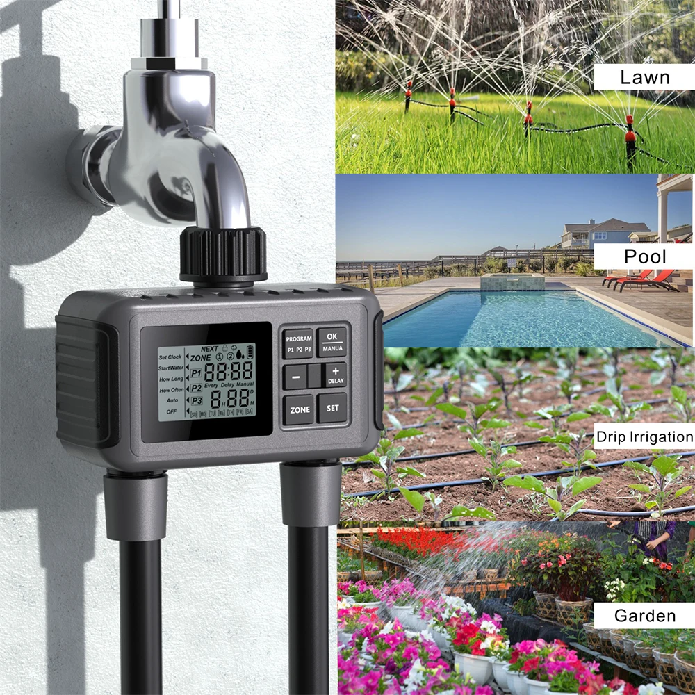 Outlet 2 Zone 2 Programs 3 LCD Digital Garden Water Timer Rain Delay Watering Tap Hose Irrigation Controller Week and Day Cycles