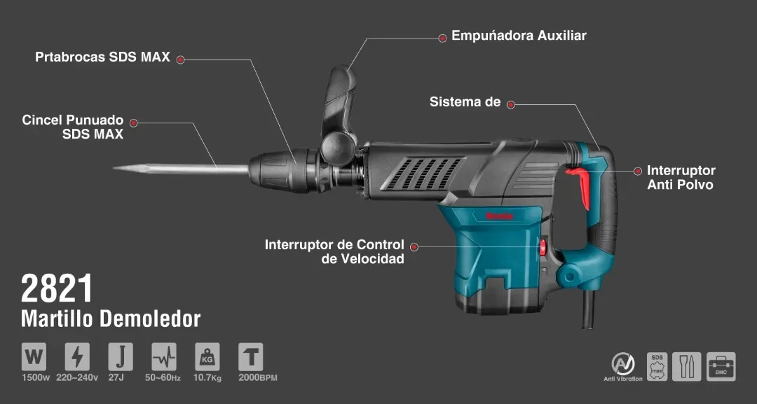Ronix 2821 1500W Electric Machine Concrete Demolition Hammer Drill With BMC Power Tools