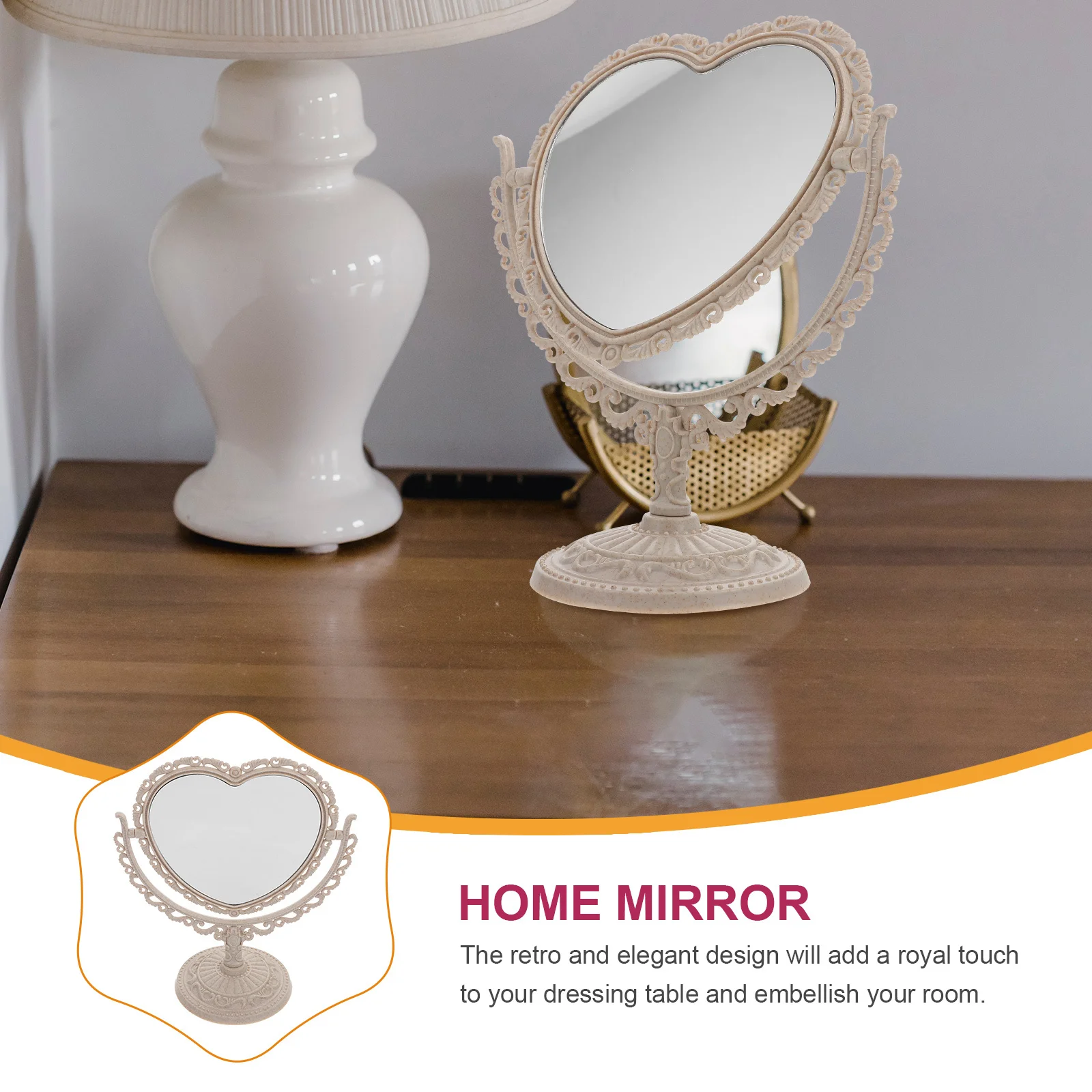 

Heart Shaped Desktop Makeup Mirror Vintage Rotatable Table Mirror Transparent High Definition Surface Stable Base for Women