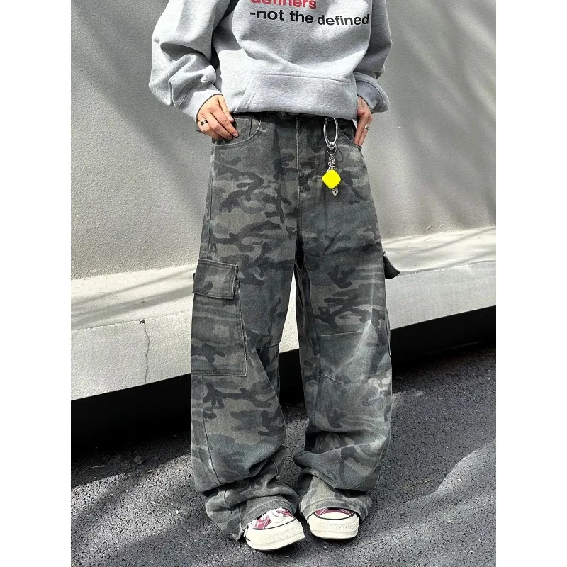 

Retro Draped Floor-Length Lazy Camouflage Washed Denim Straight Pocket Cargo Pants Casual Trousers For Men