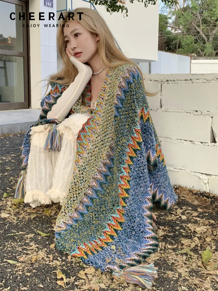 

CHEERART Ethnic Winter Designer Scarf Women Luxury Poncho Sweater Blanket Knitted Warm Shawl Fashion Cover-Ups Clothes