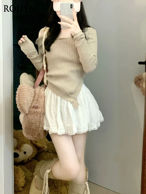 Kolor owsianki, sznurowany, dziergany top, niszowy, słodko-pikantny styl, sweter z odkrytymi ramionami, warstwa bazowa, moda damska, topy damskie 2025.