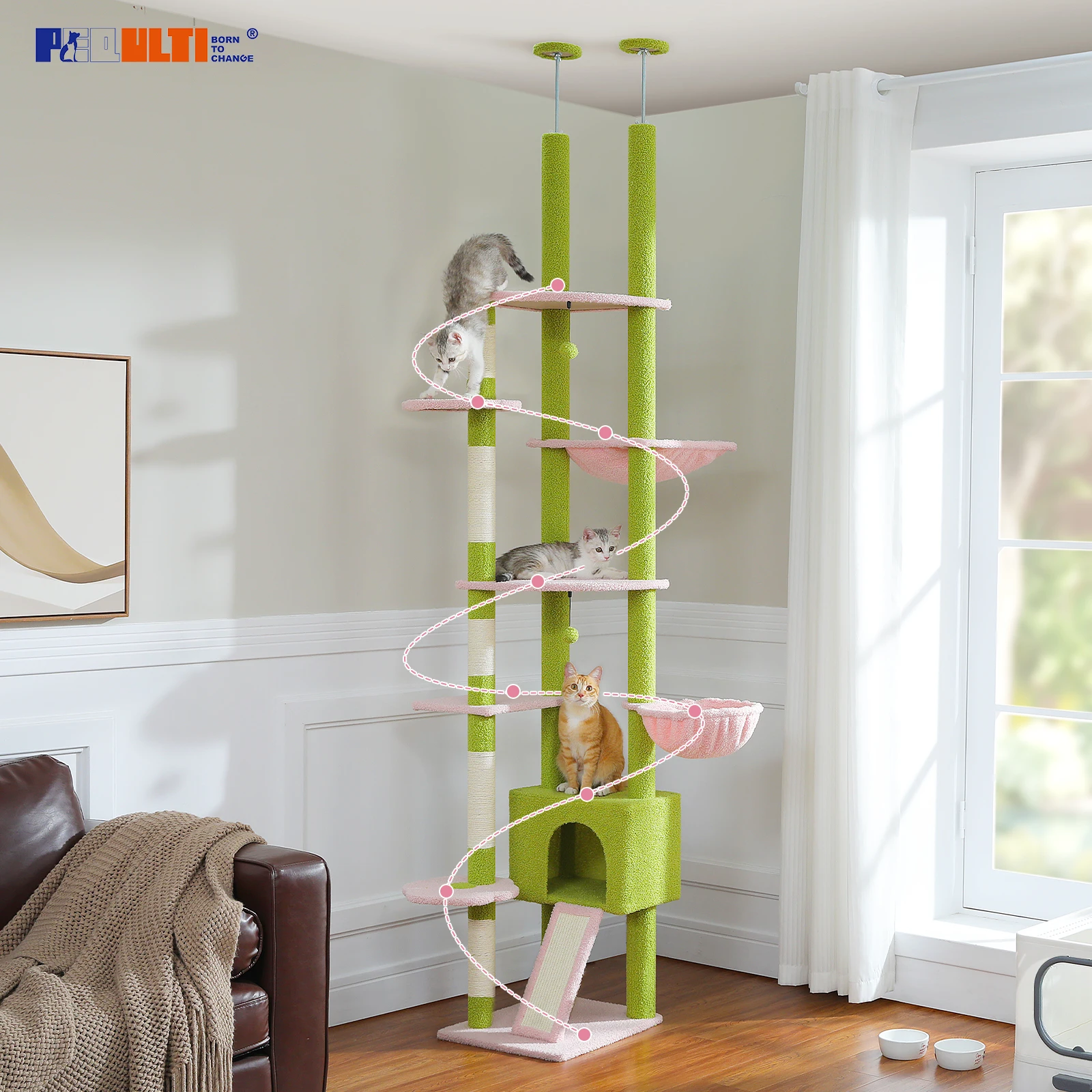 Floor to Ceiling Cactus Cat Tree Tower Adjustable Height with Cat Condo Cozy Hammock and Scratching Post Tall Activity Tree