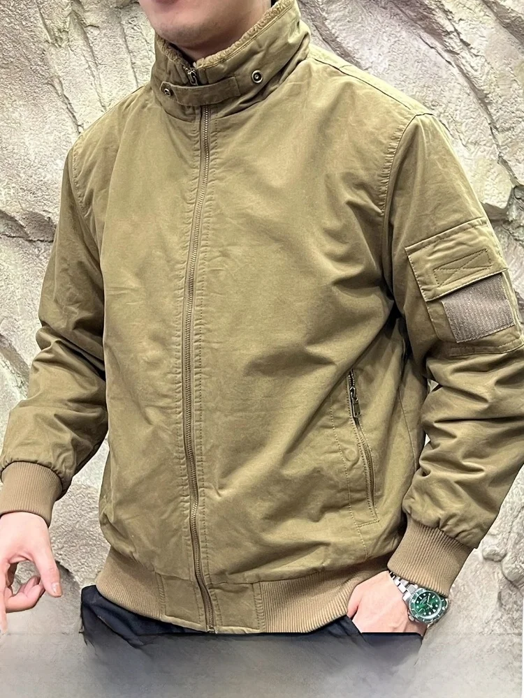 

American Sle Thiened Pilot Cotton Jaet Men's Loose Large Size Pure Cotton Warmth Outerwear Stand Collar Fce Lined Wo...