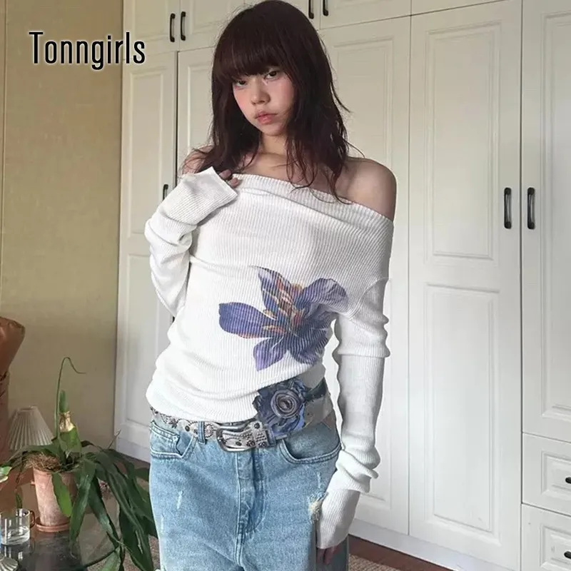 Tonngirls Hotsweet Floral Grafik-T-Shirts für Damen, langärmelig, schulterfrei, bedruckt, 2000er-Jahre, japanische Y2k-Herbst-Tops, schicke T-Shirts