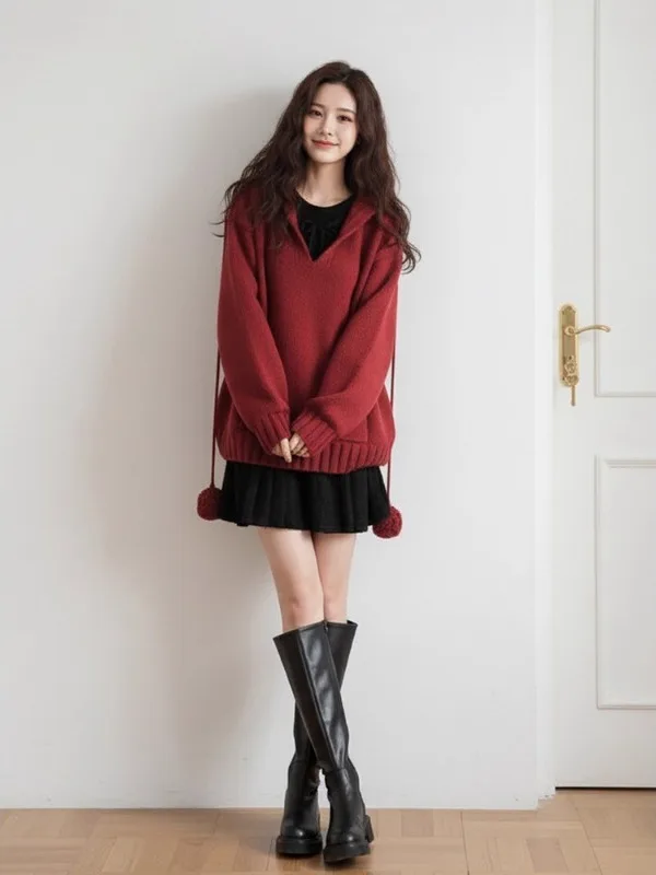 Rode Koreaanse Sle Nieuwjaar Hoed Trui Taille Cinched Dr Herfst Winter Faion Set Casual Lange Sve Hoodie Rok Ensemble