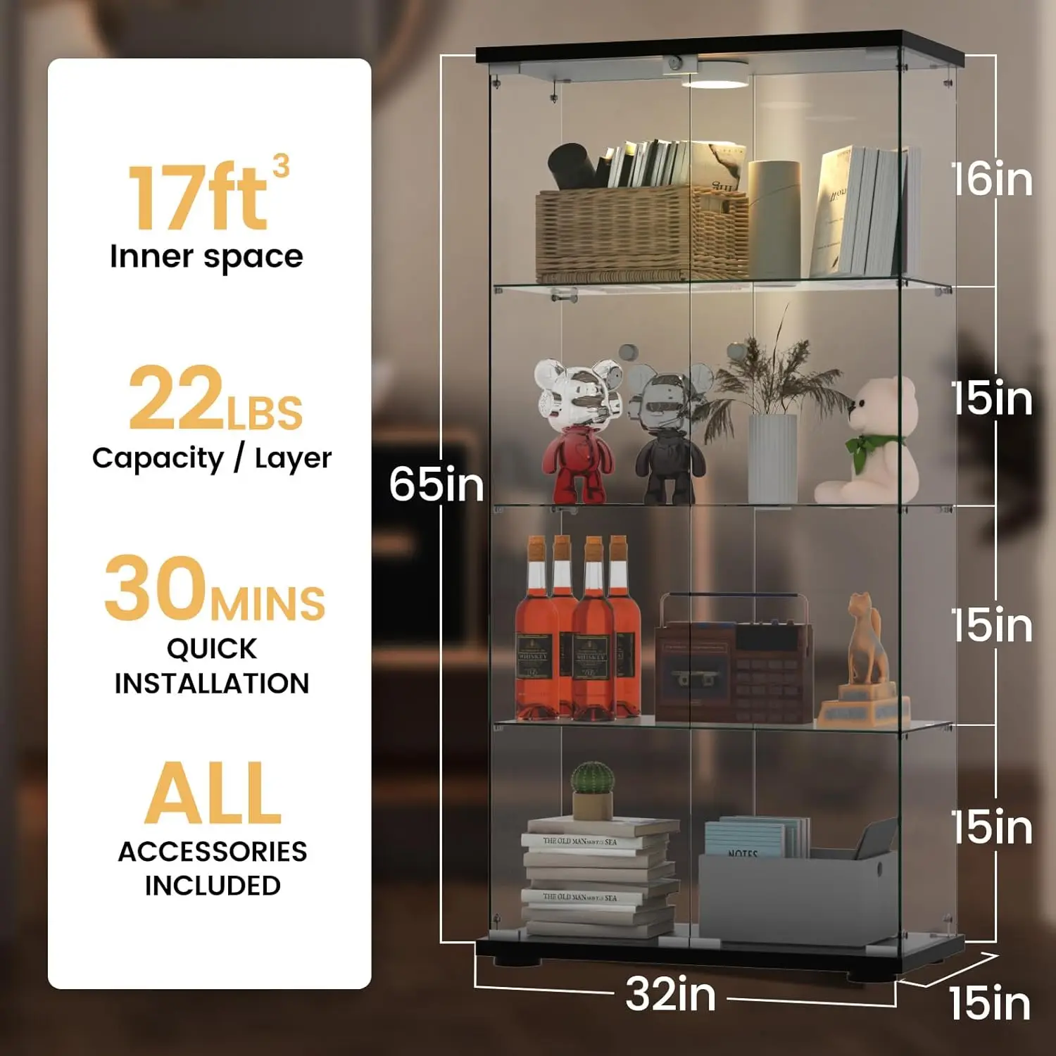 Glass Display Cabinet with LED Push Light, Quick-Install Style 4-Shelf Curio Cabinet - 2 Door Tempered Glass Display Case