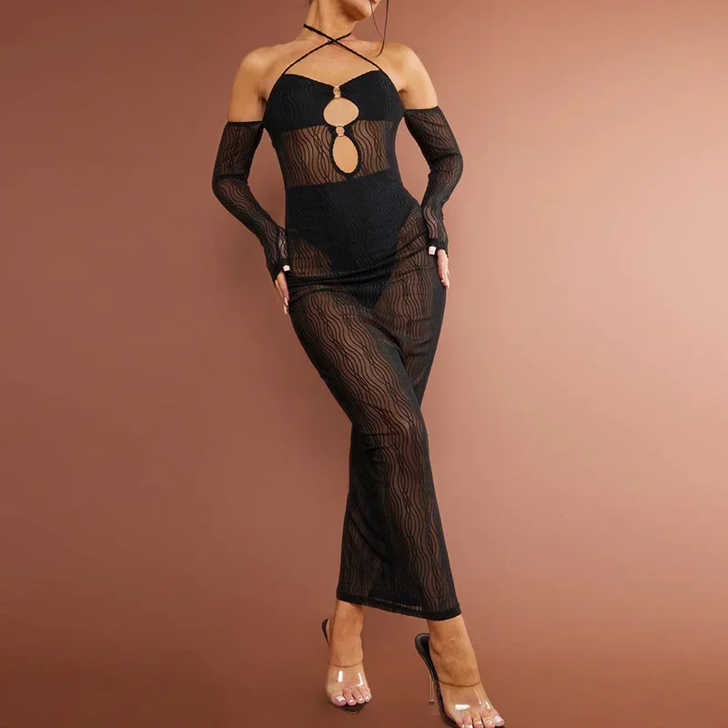 

KEXU Off Shoulder See Through Cover-ups for Women Long Sleeve Halter Maxi Dress Summer Beach Night Club Sexy Party Vestidos