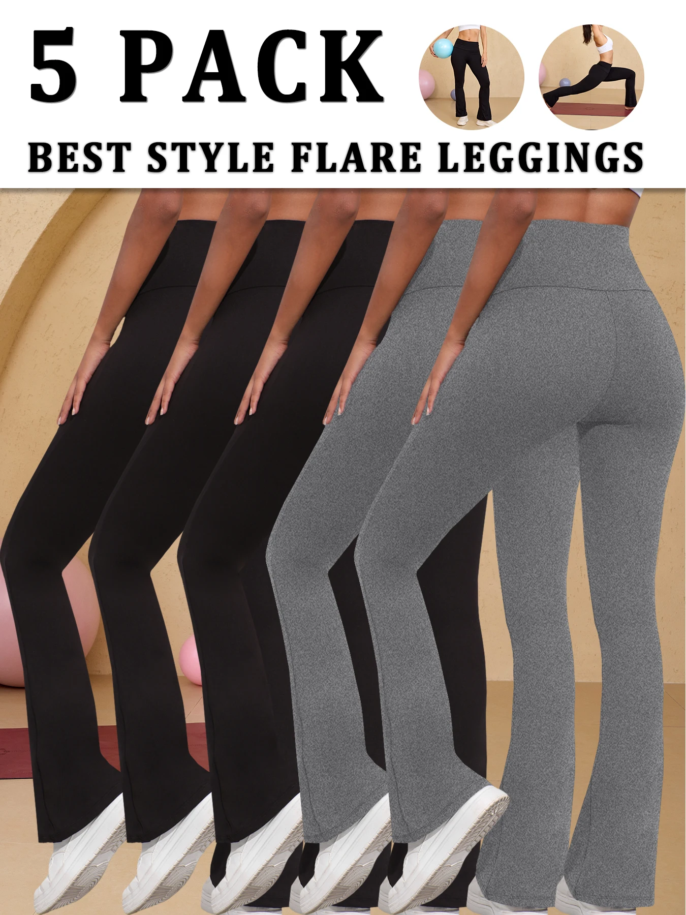 

Набор из 5 женских расклешенных брюк для йоги с высокой талией и расширяющимся низом штанин. Идеально подходит для йоги или для отдыха.