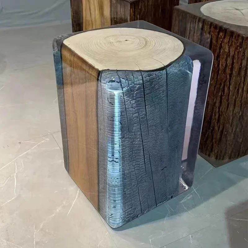 Burnt Trunk side table with Acrylic glass and Burnt solid wood crystal side table