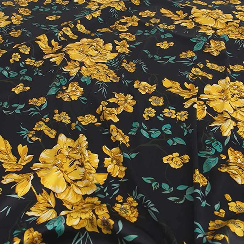 

Black Background Yellow Peony Flower Printed Imitate Silk Satin Fabric For Women's Dress Blouse DIY Cloth Sewing Material