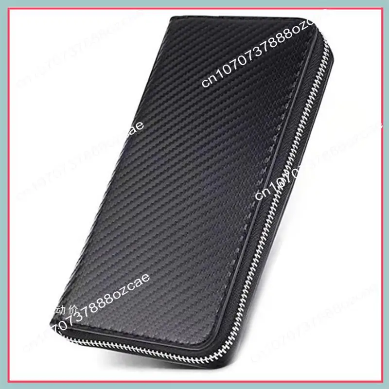 Carteira masculina de couro de microfibra de fibra de carbono com bolso para celular A26P com zíper longo