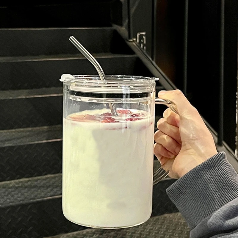 Großer Glas-Trinkbecher mit Graduierung, Deckel und Strohhalm – Kaffeebecher für Büro, Herren und Damen