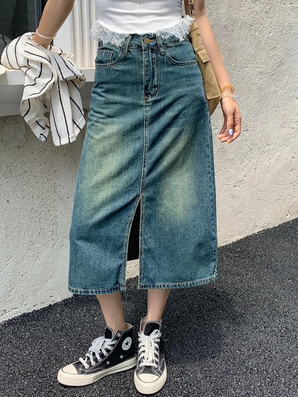 

ZHISILAO New High Waist A-line Denim Skirt Women Vintage Blue Straight Long Skirt Summer 2024