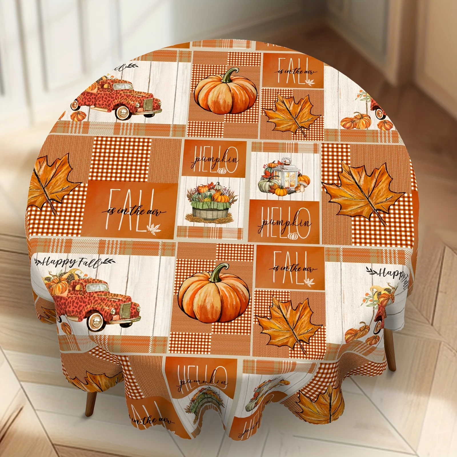 One autumn tablecloth, Thanksgiving checkered tablecloth, pumpkin and maple leaf round rectangular tableclothzyc