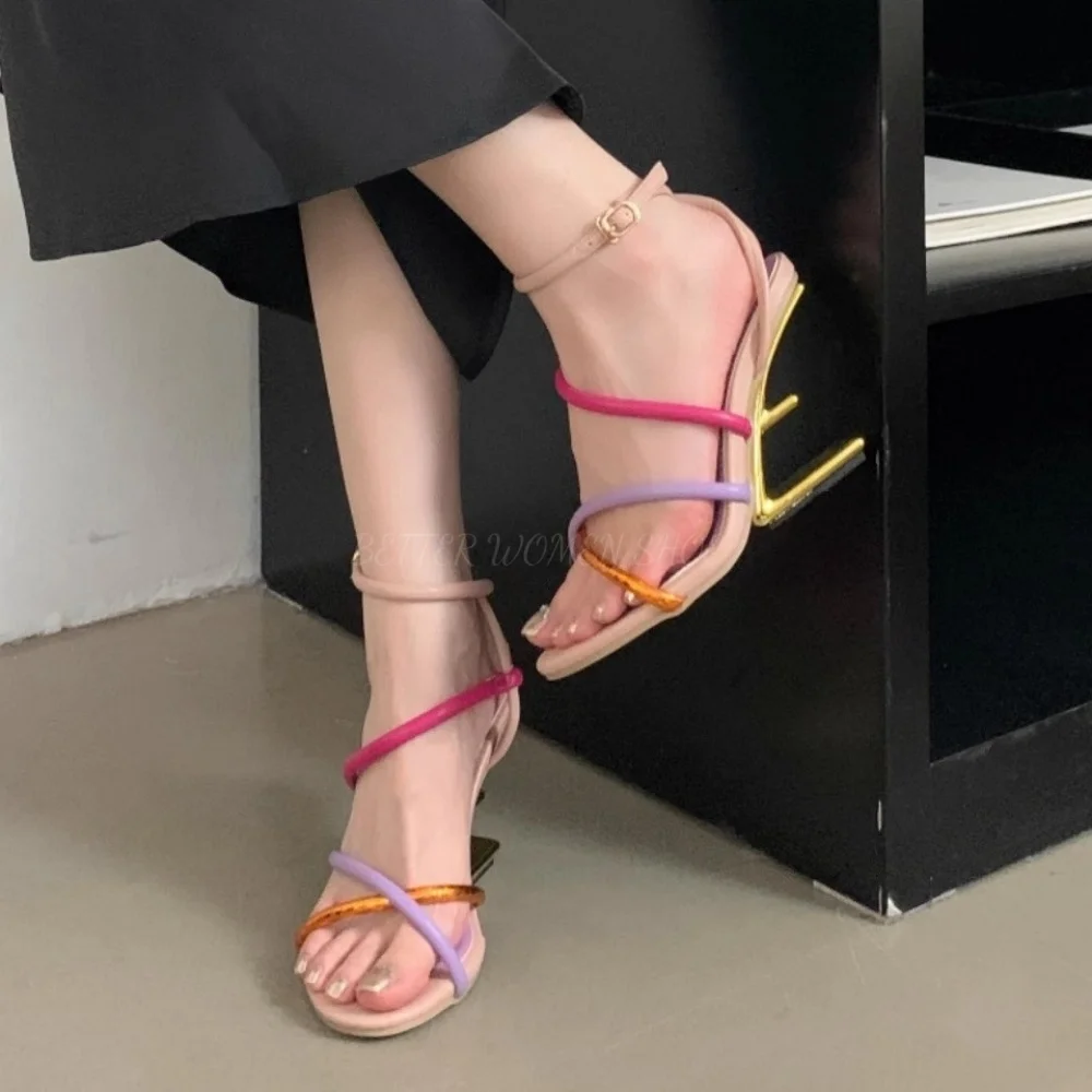 

Irregular High Heels Cross Striped Color Matching Sandals Women Metal F-Shaped Heel Sandals Lady Casual Banquet Dress Shoes