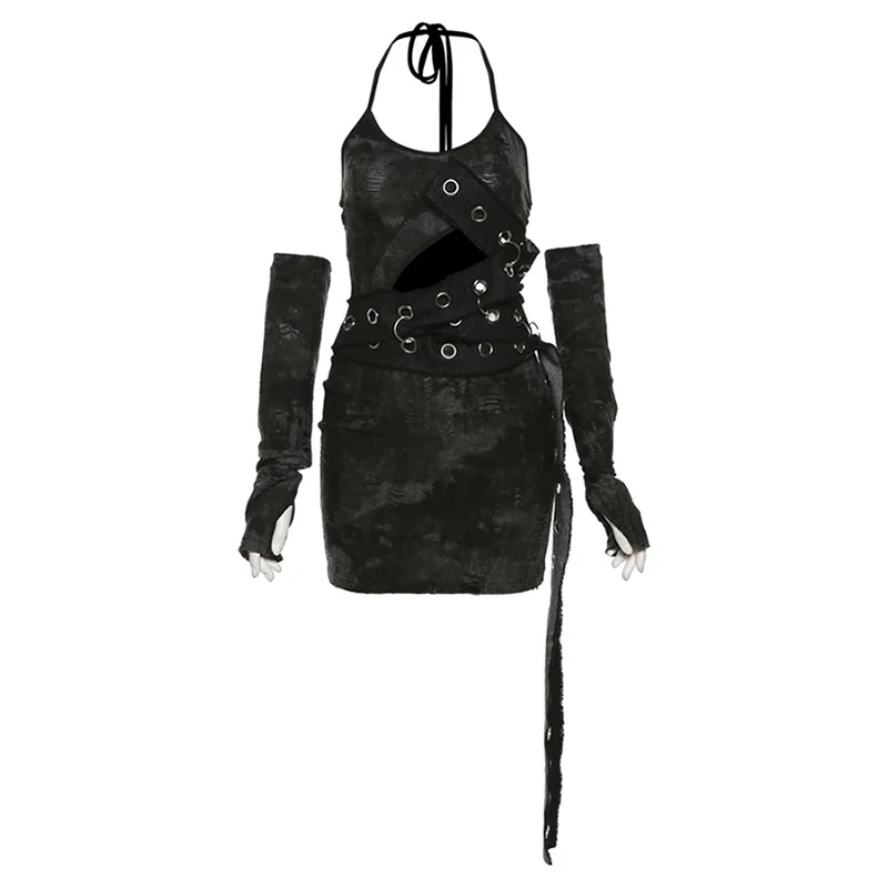 Anni '90 Grunge Y2k Vintage Tie Dye Mini abiti Sexy Cyber Gothic scava fuori Skinny Clubwear Punk Women Eyelet Strap Dress