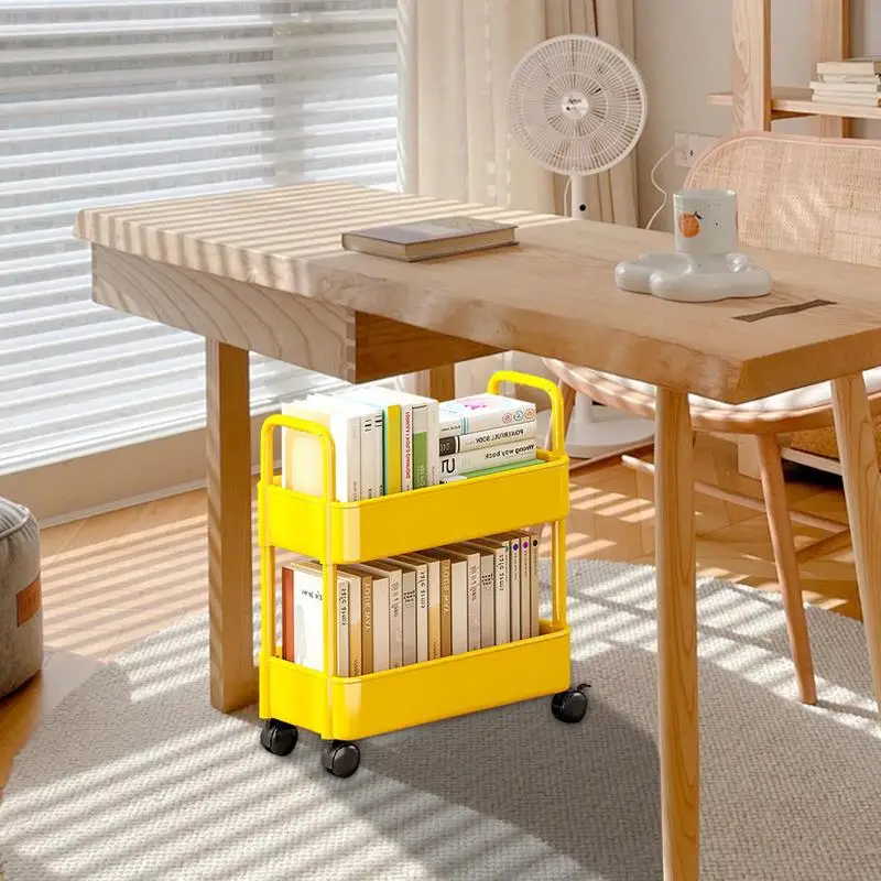 ホイール付きのモバイル本棚カート,大容量の本棚,多機能サポート付き,2レベル