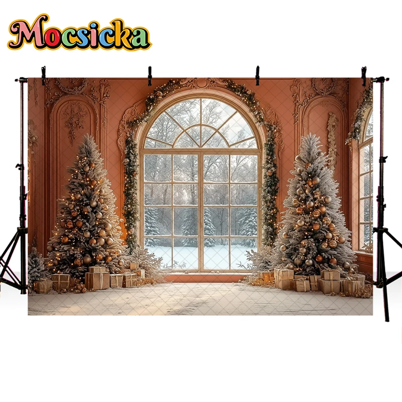 Mocsicka พื้นหลังสำหรับถ่ายภาพในช่วงฤดูหนาวของตกแต่งต้นคริสต์มาสย้อนยุคของขวัญสำหรับเด็กรูปครอบครัวฉากหลังสตูดิโอถ่ายภาพ