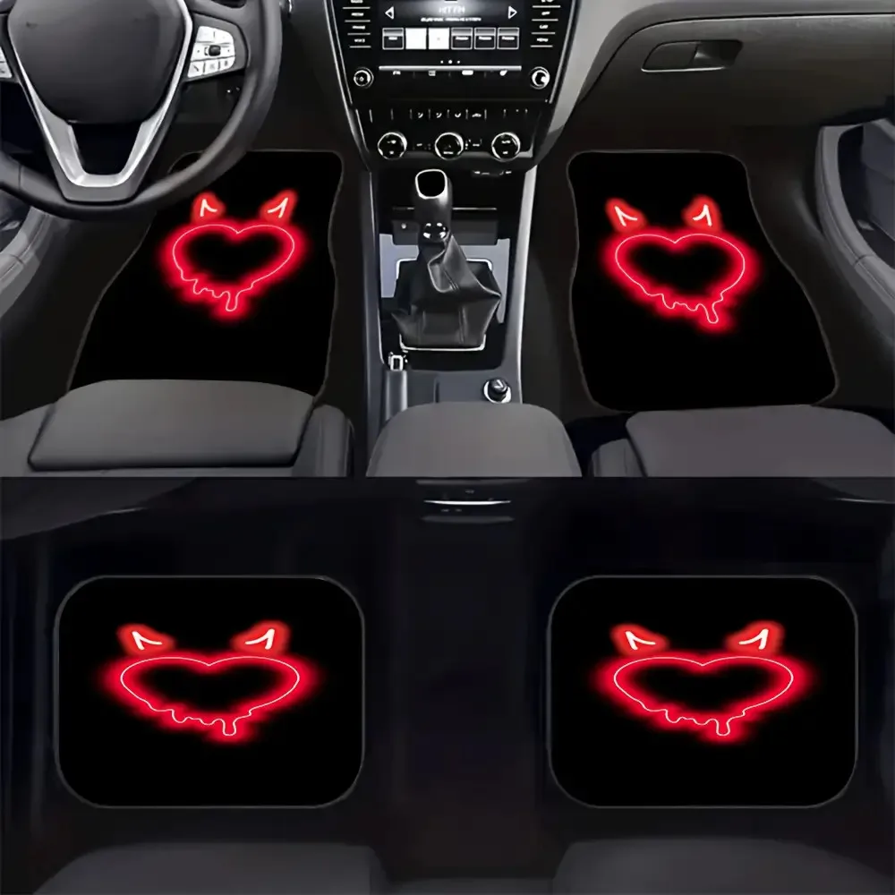 4pcs Demon Heart Pattern Floor Mats, Protection And Front Rear Foot Pads For Vehicle Interior Accessories With Red Neon Devil Ho