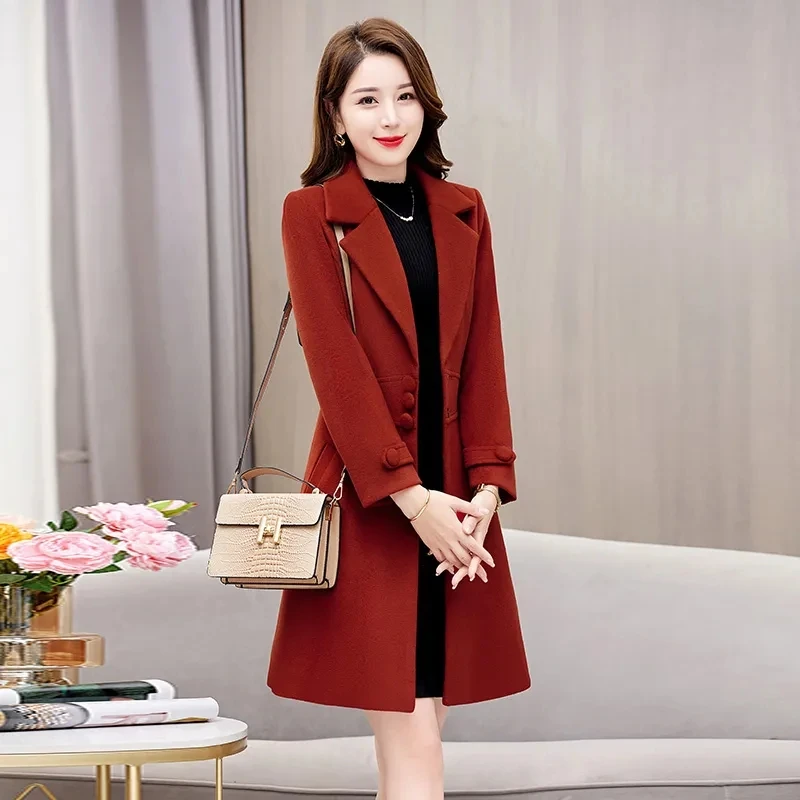 

Woolen Jacket Women's Overcoat Spring Autumn Elegant Slim Long Single-Breasted Blazer Collar Woolen Windbreaker Coat JJ1255