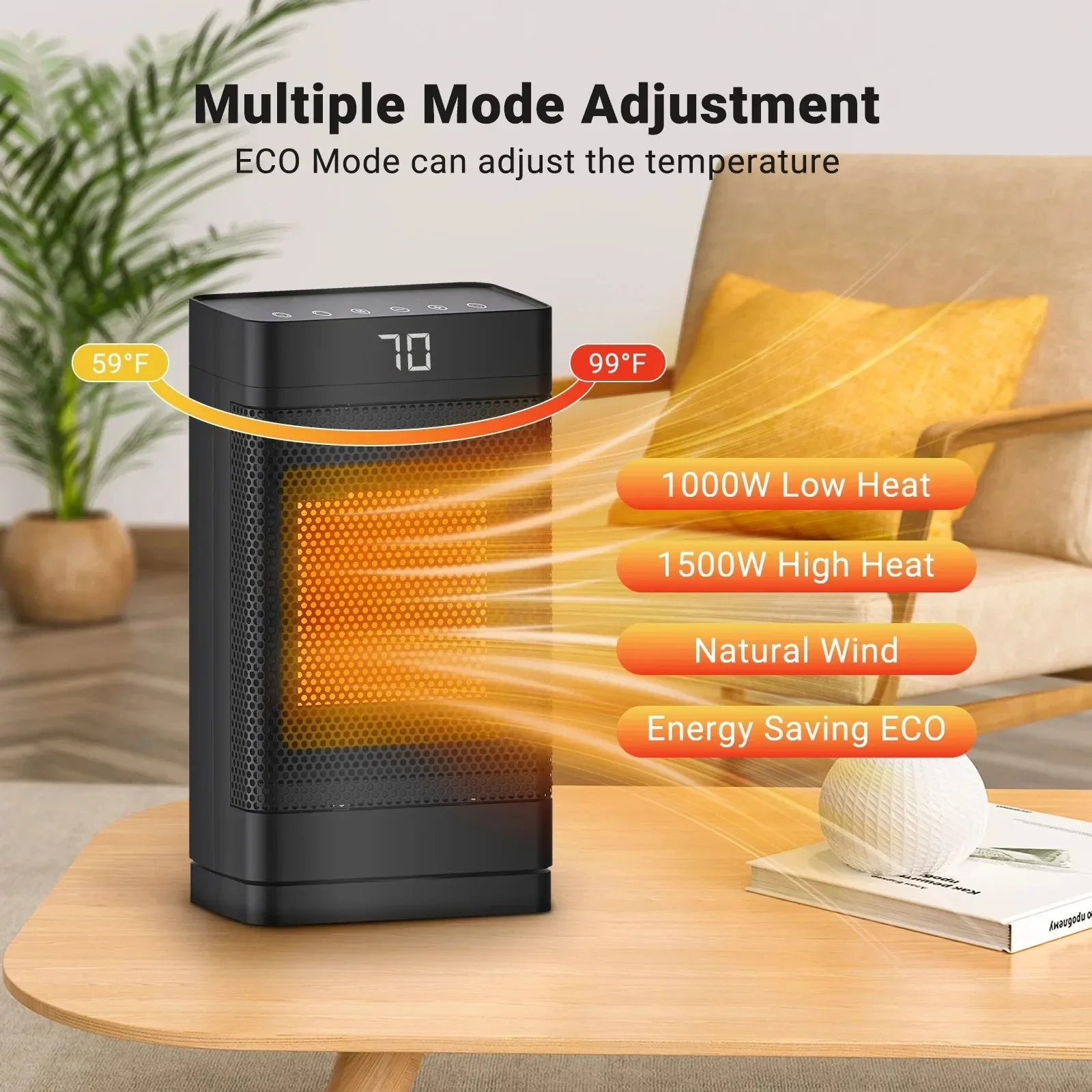 

Space Heater, Fast Portable Electric Heater 1500W PTC with 70° Oscillation and Timer for Bedroom, Living Room