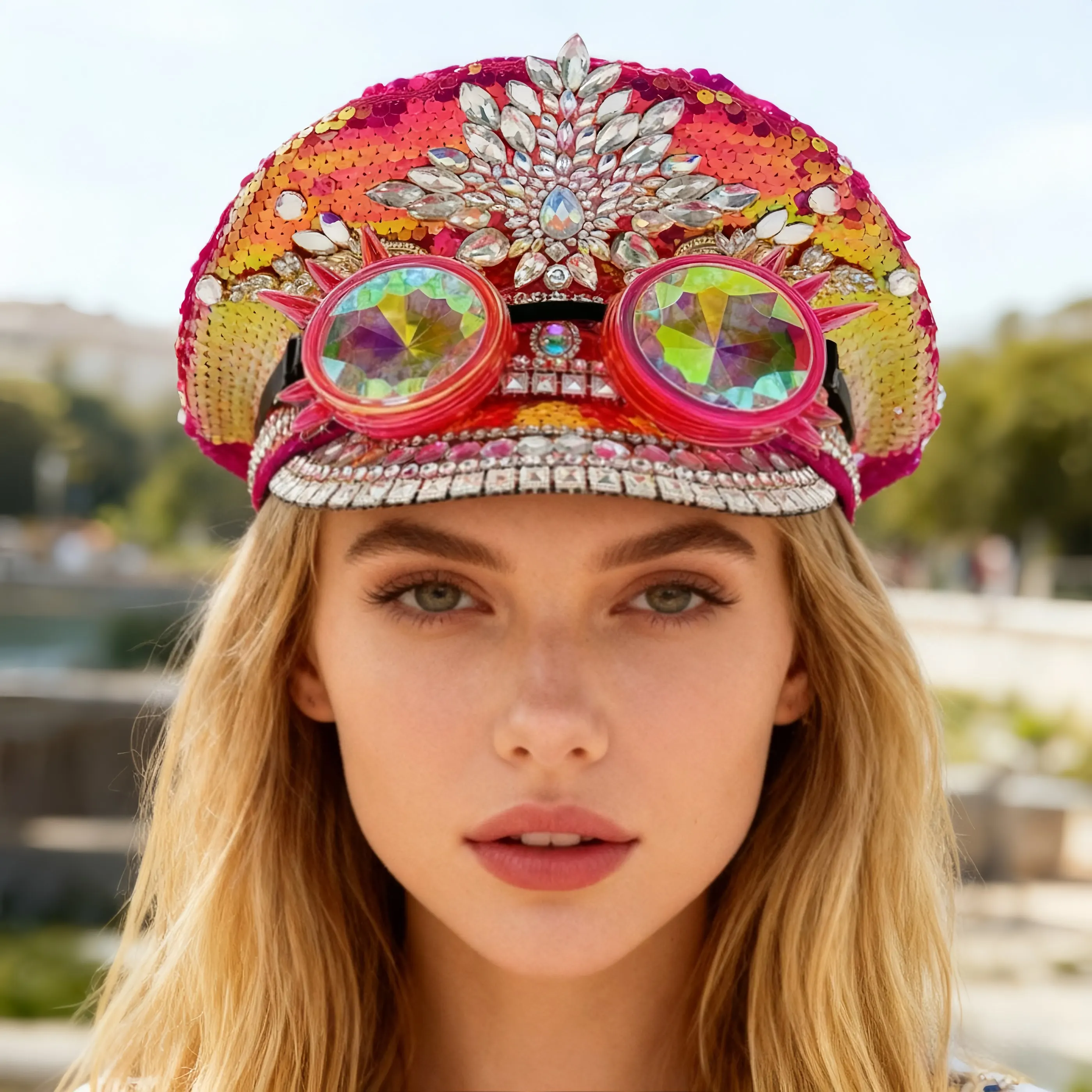 

Steampunk Captain Hat Rhinestone with Goggles for Burning Man Festival Woman, Military Accessories & Cap for Man