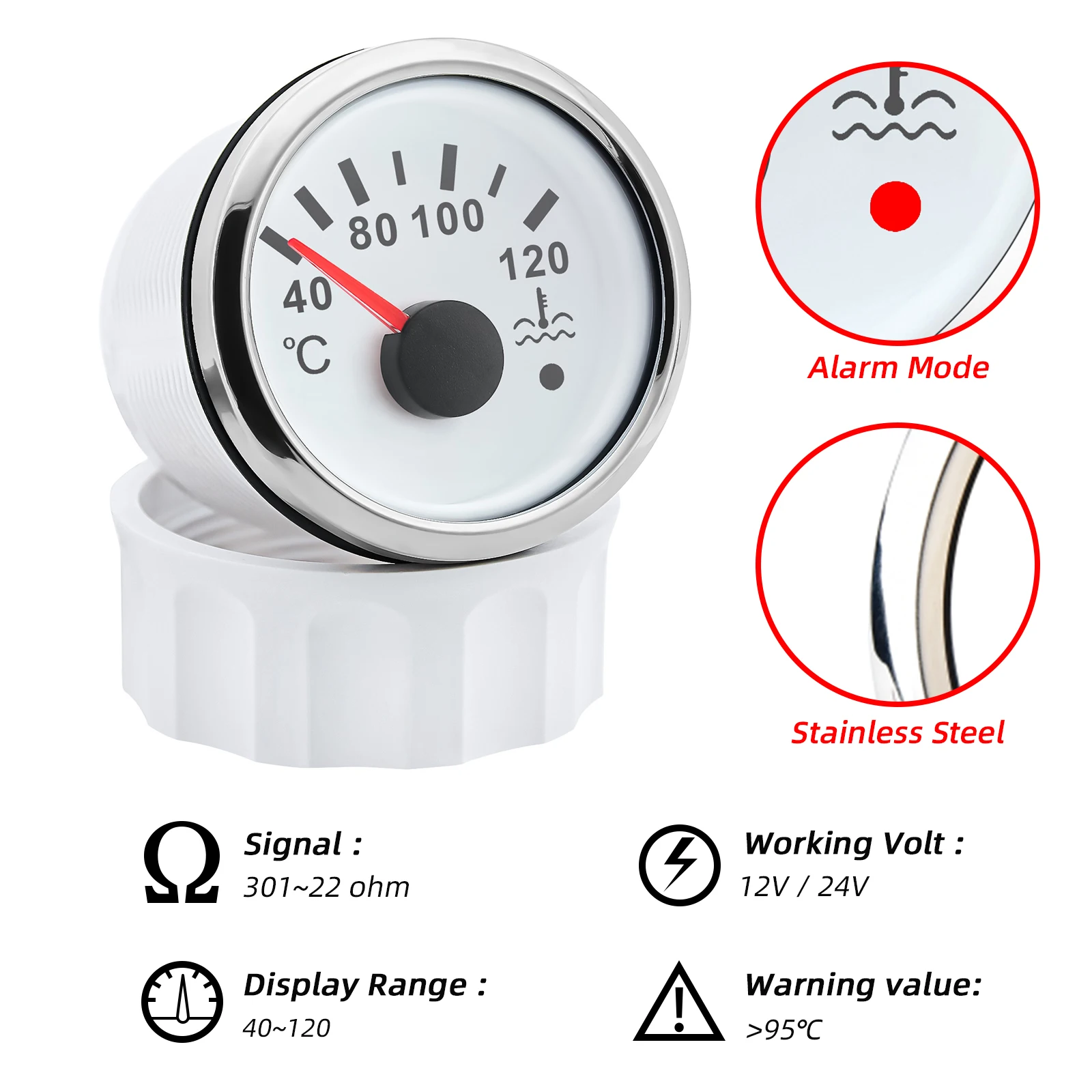 52mm Digital Water Temperature Gauge 40~120 Celsius Digital Pointer Water Tempe Gauge Red Backlight for 12V 24V Car Boat Truck