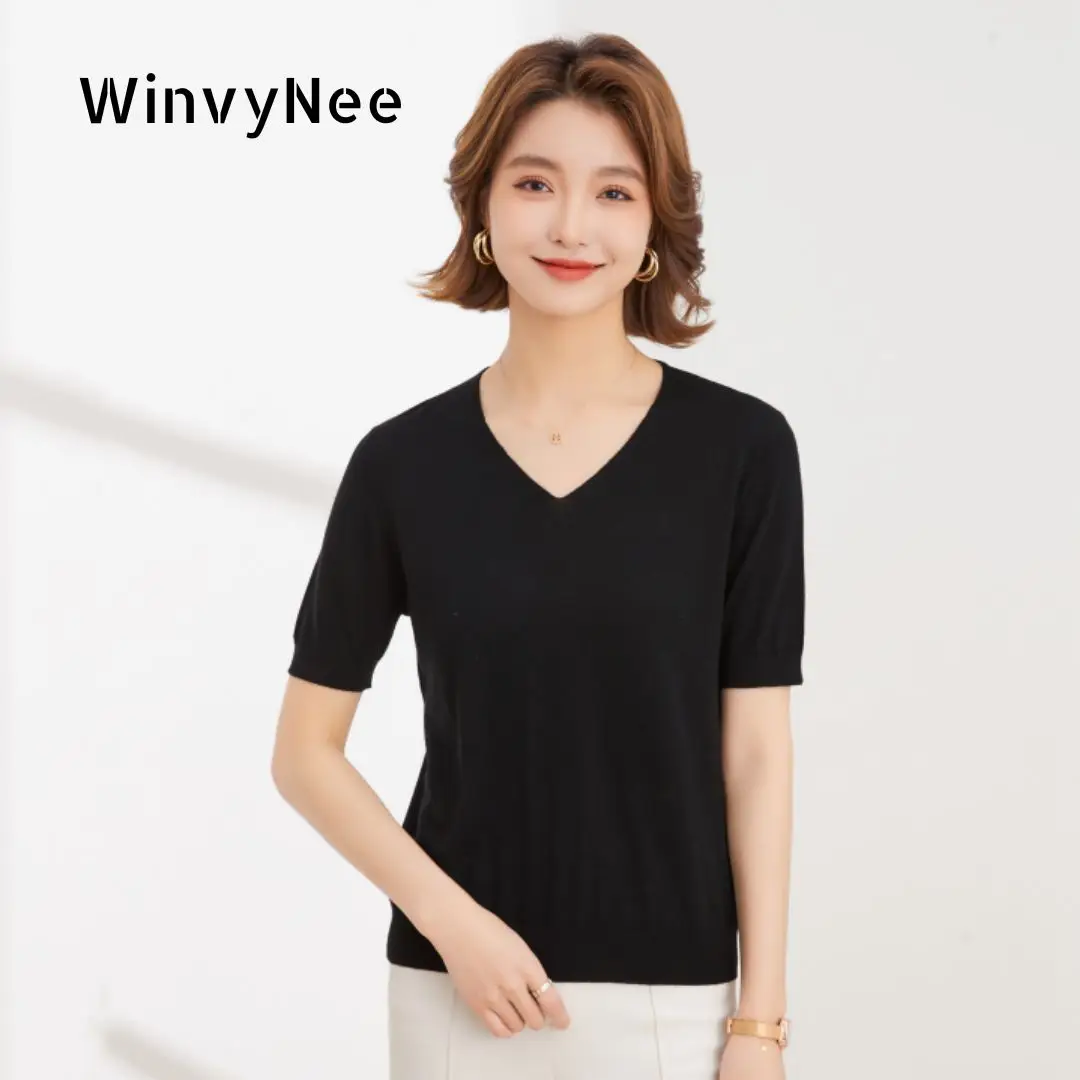 

WinvyNee Women 100% Wool Sweater Short Sleeve V neck Summer Sweaters Solid Knitwear Pullover Basic Female Tops Autumn A1013003