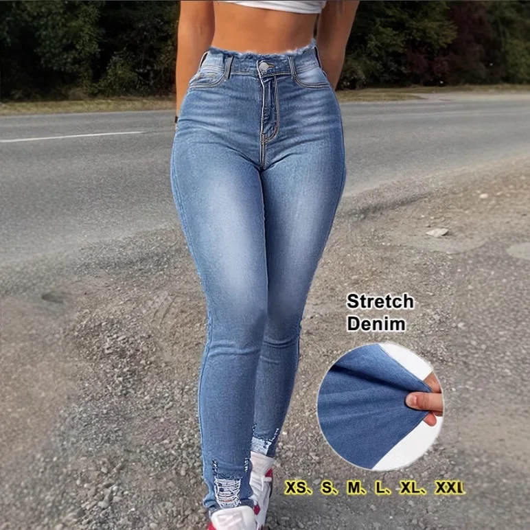 Slim-Fit-Jeans für Damen mit ausgefranstem Saum, Knopf und Reißverschluss, lässige, stilvolle, hellblaue Denim-Hose mit Taschen – modische Röhrenjeans