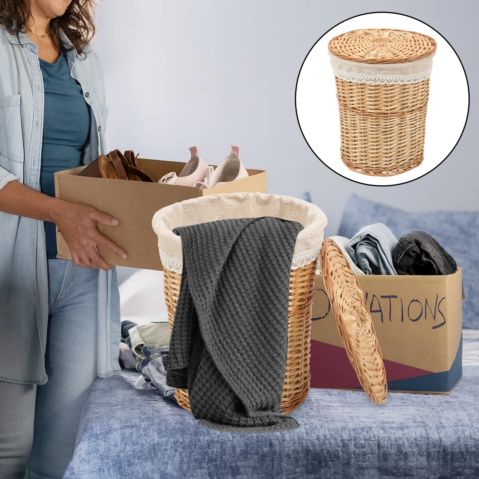 

Natural Woven Laundry Basket Handmade Lidded Storage Container for Clothing Towels and Sundries Large Space-Saving Basket Home