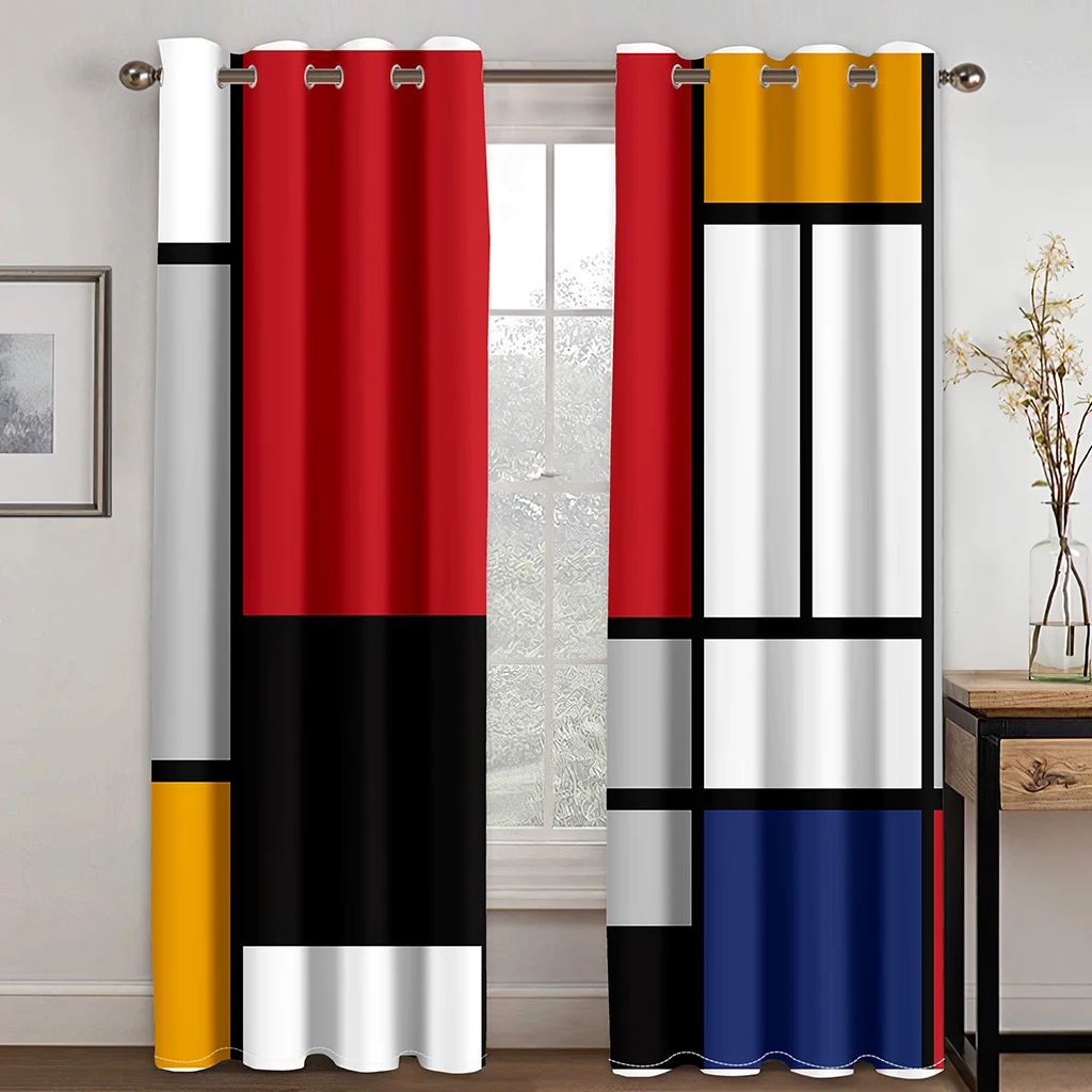 270*240 Cheap Abstract Geometric Black Red Modern Thin Two Windows Curtains for Living Room Bedroom Kitchen Office Decor 2Pieces