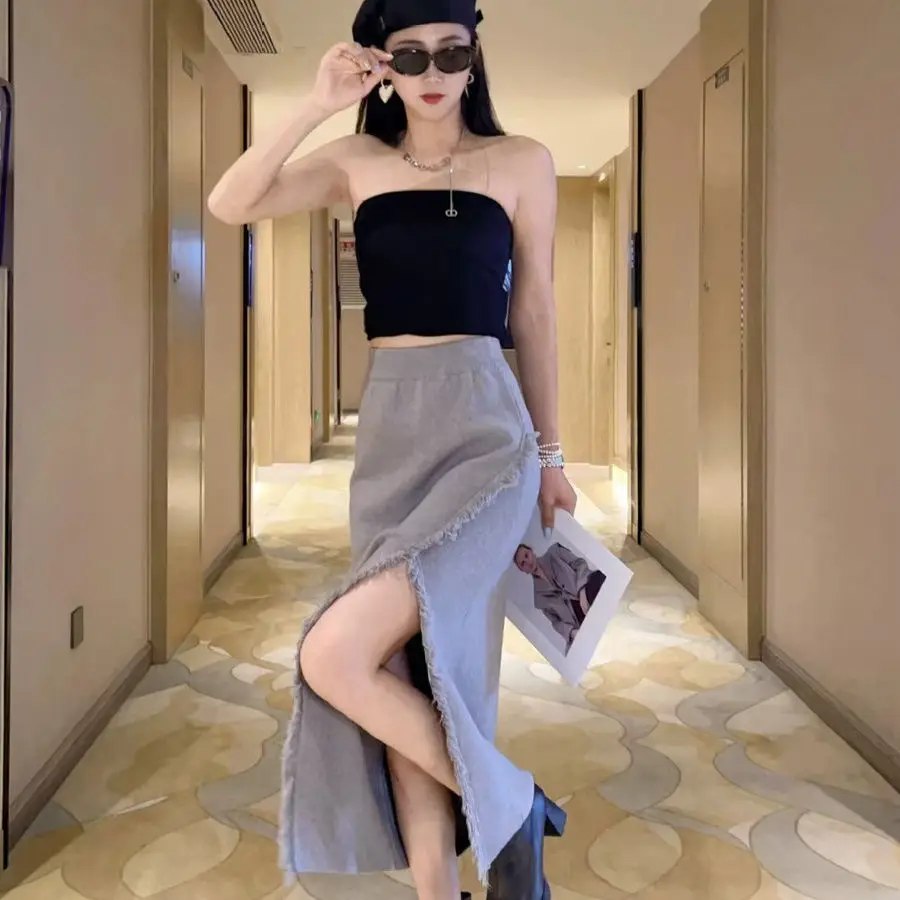 

Простая трикотажная юбка с высокой талией и разрезом и кисточками для женщин осень-зима, прямая утягивающая юбка средней длины, облегающая бедра