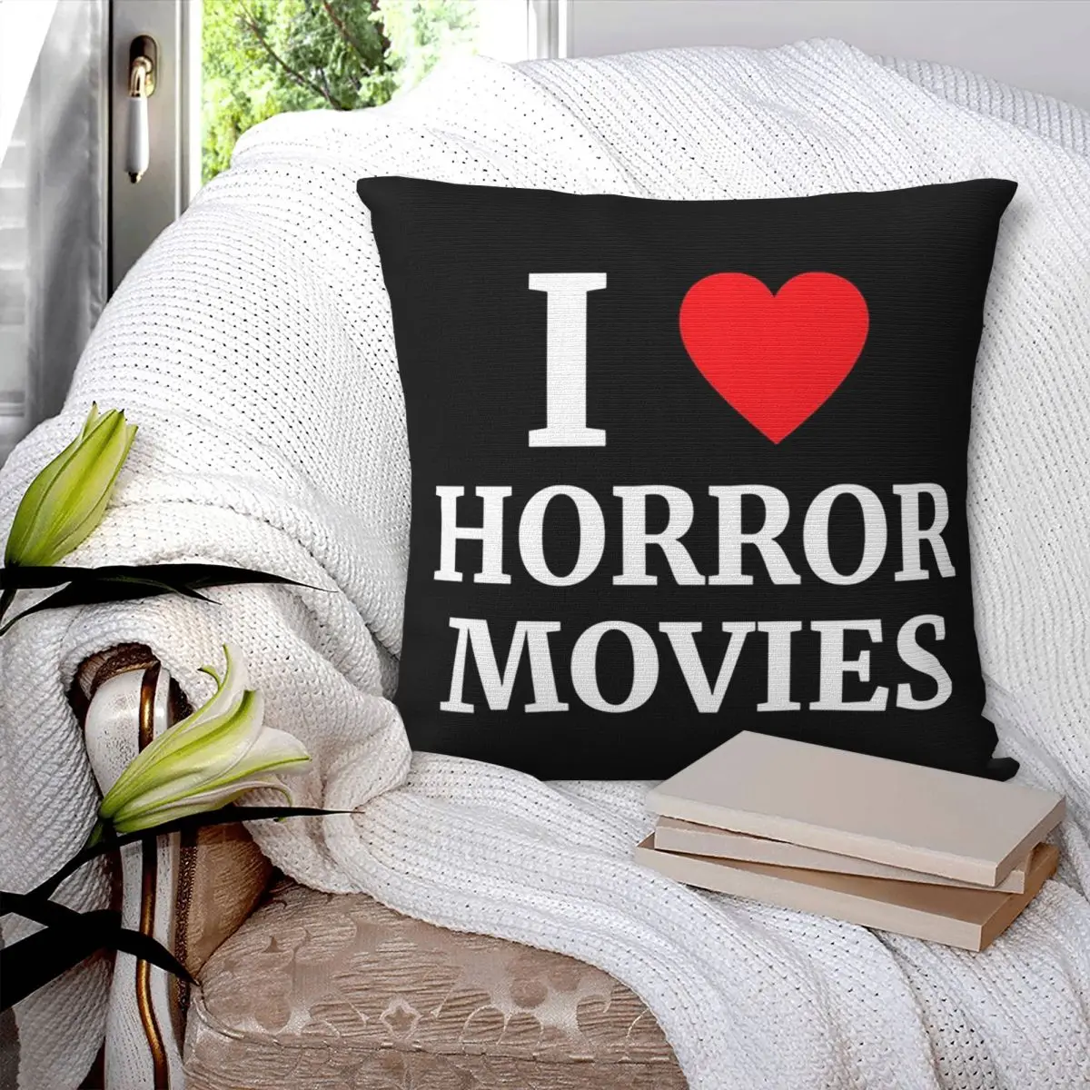 I Love Horror Movies Heart Square Pillowcase Pillow Cover Polyester Cushion Zip Decorative Comfort Throw Pillow for Home Bedroom