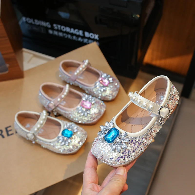 

Girls Mary Jane Shoes Color Matching Kids Rhinestones Leather Shoes for For Party Wedding Children Pearls Performance Shoes