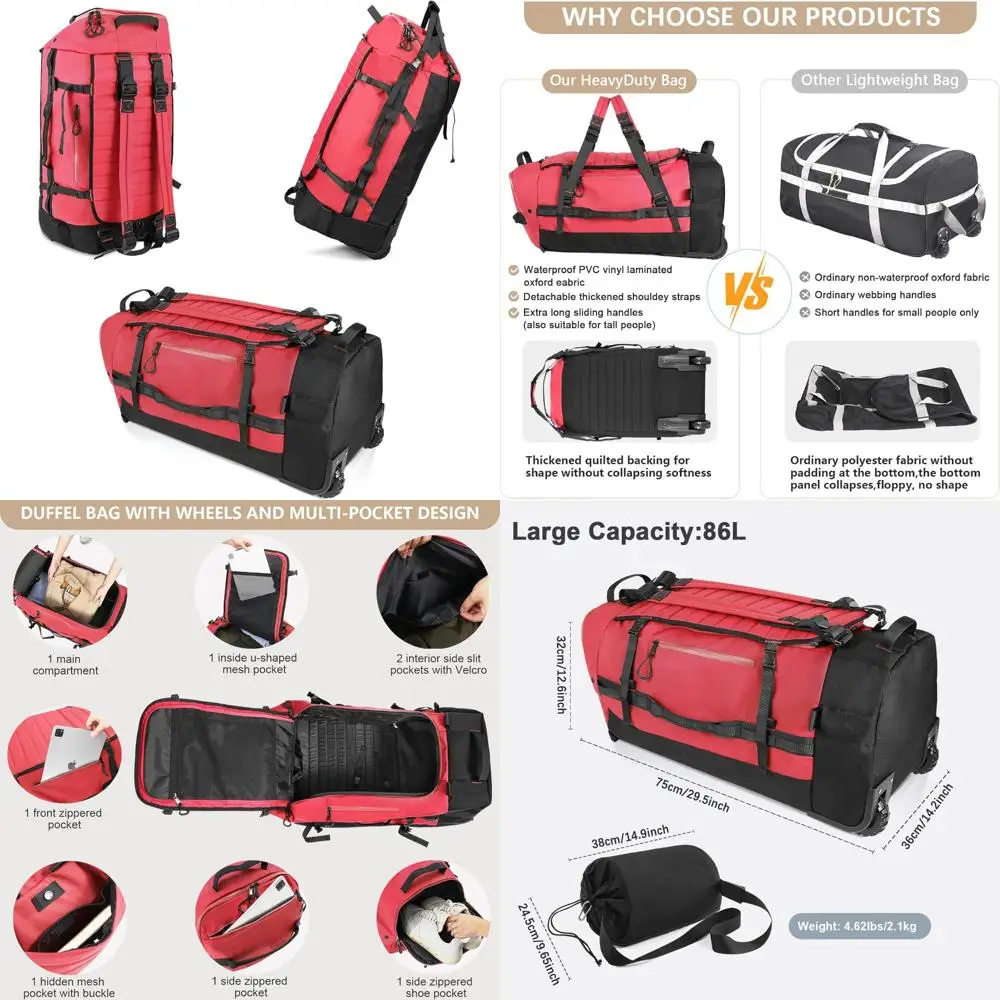 

Wheeled Duffel Bag, Soft Shell, Adjustable Handles, Carry-On Size, Foldable with Dual Wheels, Lightweight Travel Luggage