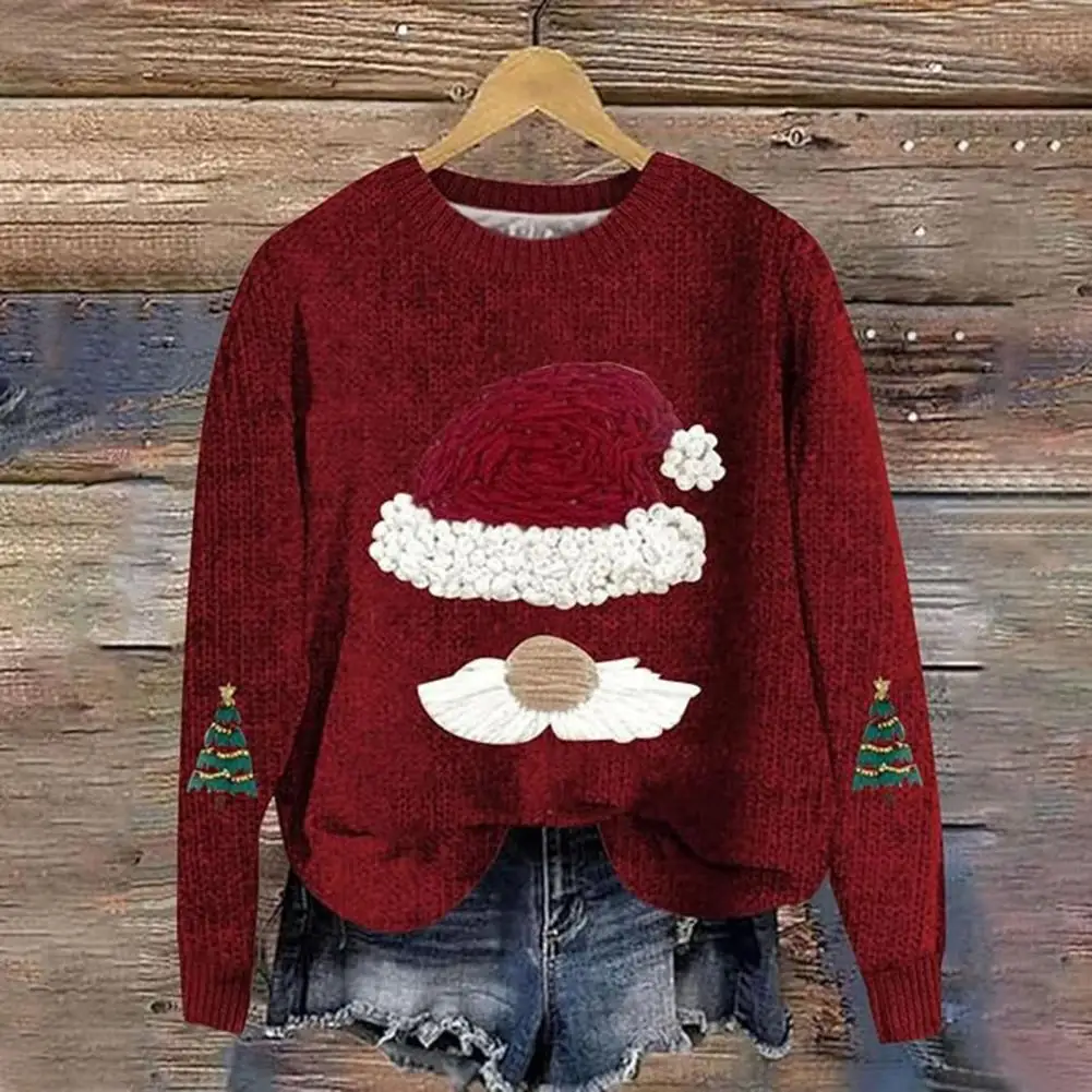 Women Men Sweatshirt 3D Santa Hat Printing O Neck Loose Thick Pulliver Knitted New Year Winter Top Warm School Work Sweatshirt