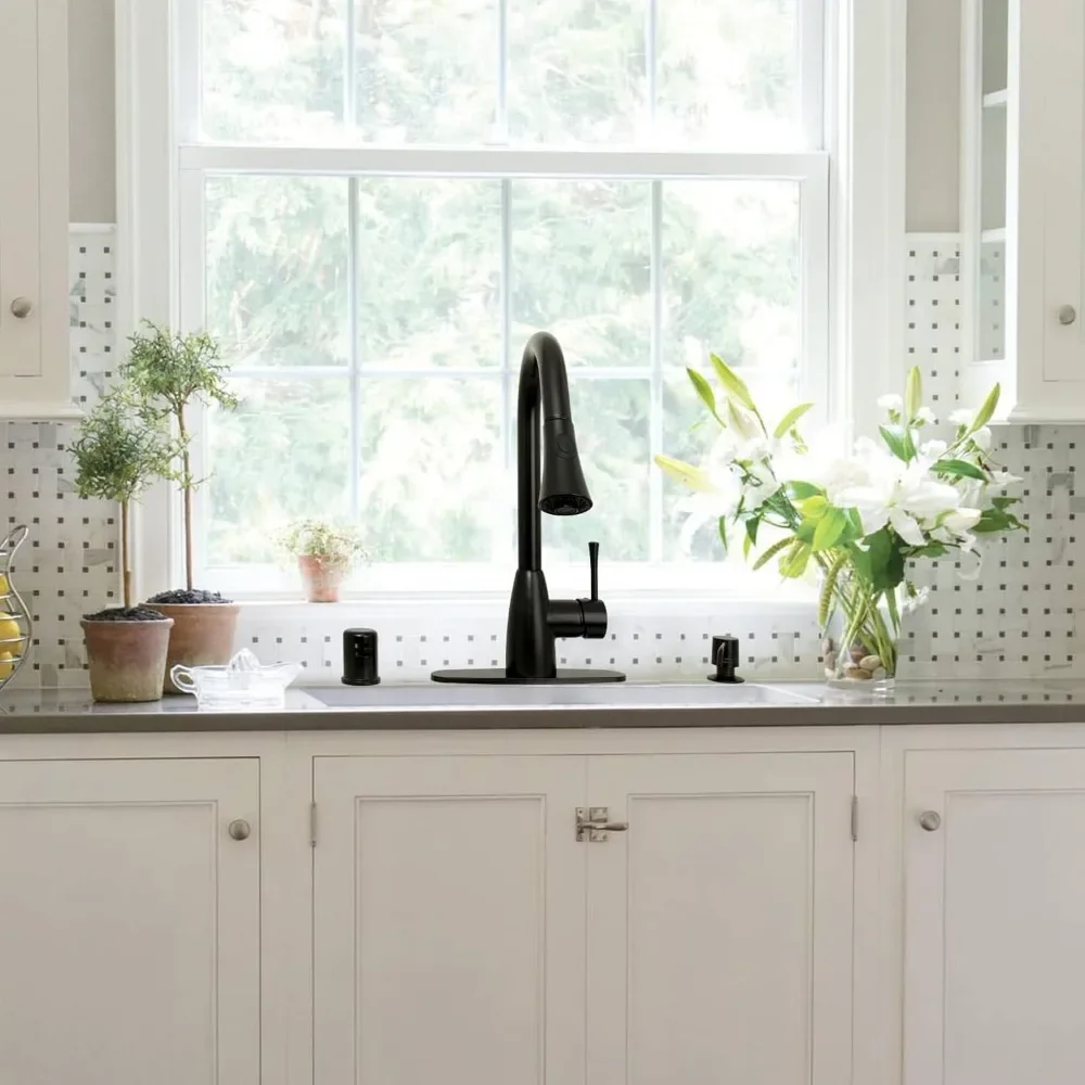 صنبور مطبخ قابل للسحب أسود غير لامع مع لوحة سطح السفينة - ضمان لمدة 5 سنوات، تصميم بمقبض واحد