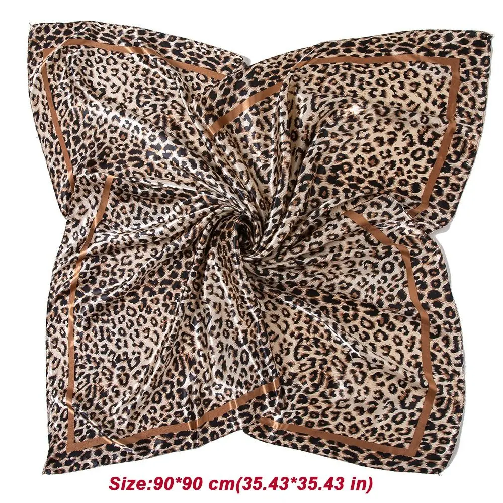 Elegant 90cm Women Square Scarf Leopard Print Satin Bandana Lady Hair Shawl Wrap Neck Foulard Large Hijab Female Neckerchief