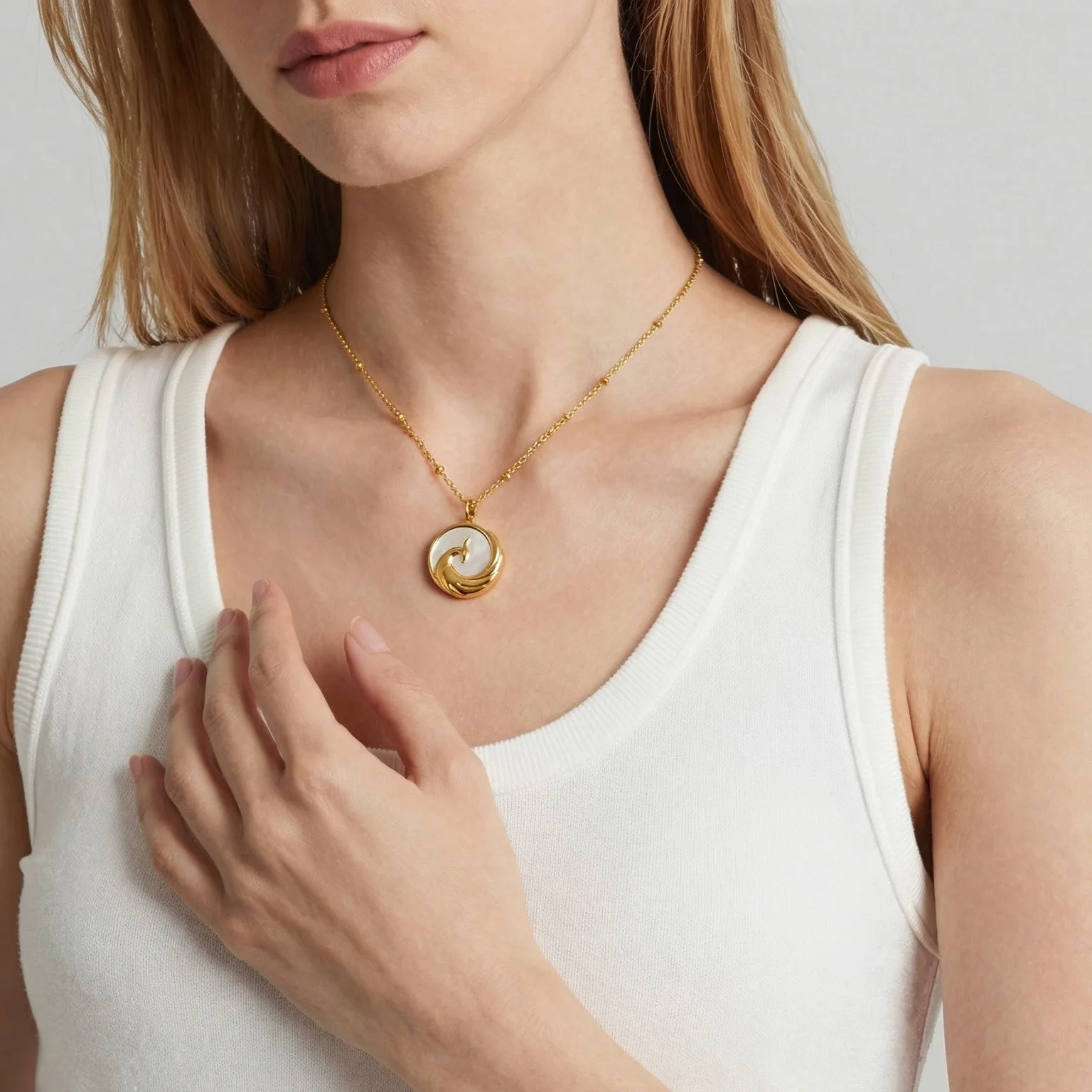Stainless Steel 18K Gold Plated Mother of Pearl Necklace Vintage Embossed Phoenix Coin Medallion Pendant Women Jewelry - view 4