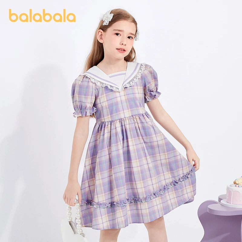 Balabala Kids Girl Dress Summer Lace Trim Sweet Comfortable Dress