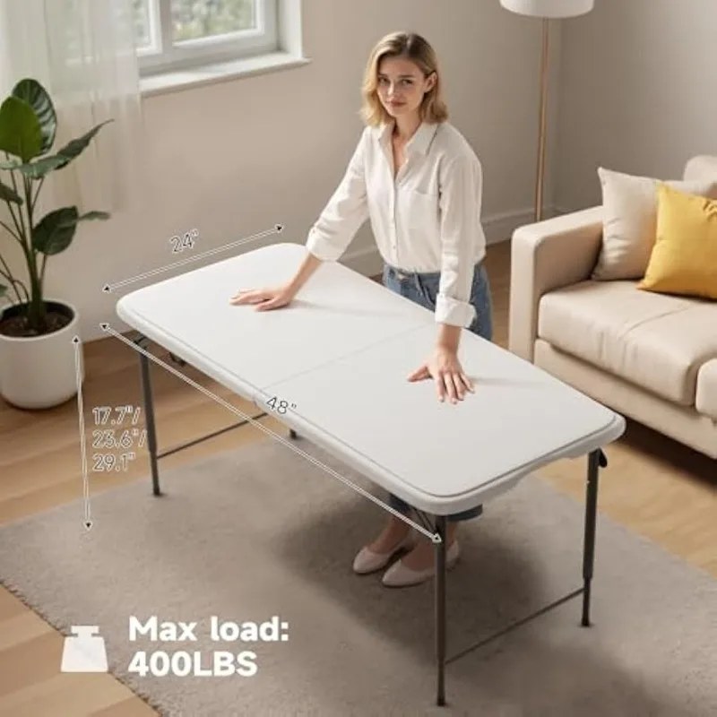 Folding Table 4 Foot - 3-Position Adjustable Height, Heavy Duty 400 lbs Capacity - Portable Tables Folding for Camping, Party